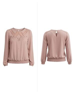bebe Pink Lace Yoke Cutout Long Sleeve Smocked Hem Blouse Women Size XXS